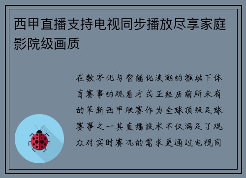 西甲直播支持电视同步播放尽享家庭影院级画质